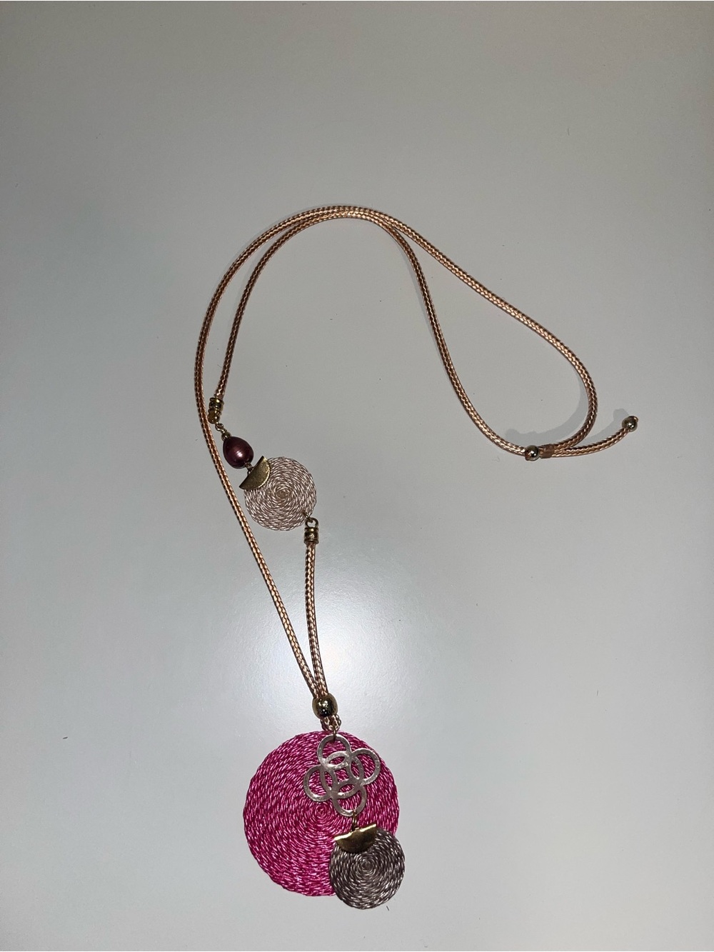 Handmade braided necklace w/ pink braided pendant